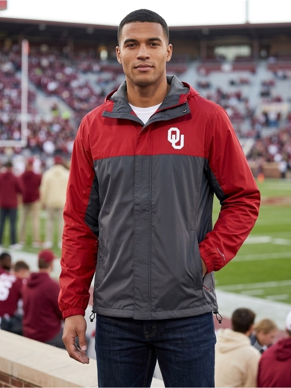 OU Columbia Red Coat Hooded Jacket White Logo, Men’s Size Large Oklahoma